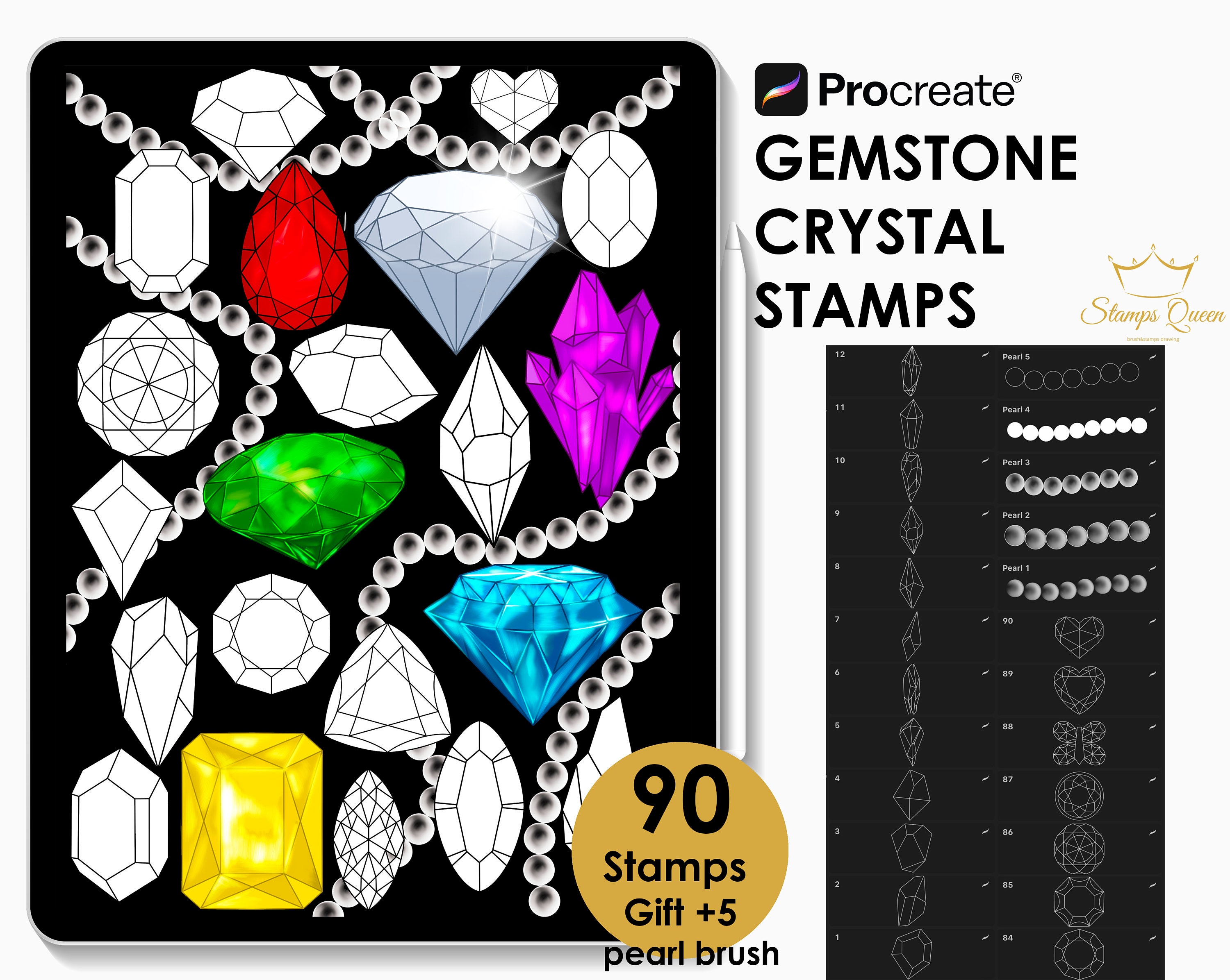 Pack de sellos Gem & Crystal para Procreate – 90 sellos de diamante, cristal y tatuaje + 5 pinceles perla