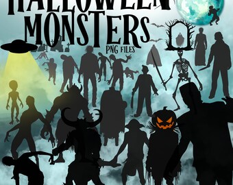 Halloween Monsters Silhouette Clipart Bundle (PNG)