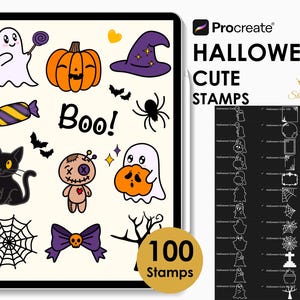 May include: A digital art set on a tablet screen featuring Halloween-themed stamps. Includes a ghost with a lollipop, a pumpkin, a witch's hat, a black cat, a spider, and a voodoo doll. The text reads "Halloween Cute Stamps" and "Boo!"