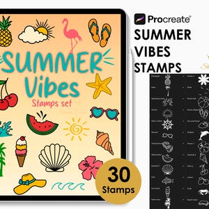 Summer Vibes Procreate Stamps | 30 Summer Stamp Set | Beach Stamps | Procreate Brush | Digital Stamp Pack