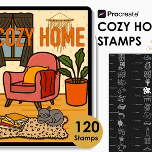 Può includere: Timbri di arte digitale per Procreate, con un tema casa accogliente. L'immagine mostra una scena del soggiorno con una poltrona rosa, un gatto e il testo "COZY HOME STAMPS". Include 120 timbri.