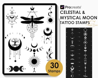 Mystische Mond Tattoo Procreate Briefmarken: Himmlische Pinsel (Digitaler Download)