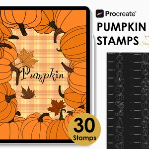 May include: A digital illustration of 30 pumpkin stamps for Procreate. The stamps are outlined in white and are on a black background. The image also shows a digital illustration of pumpkins with autumn leaves on a plaid background.