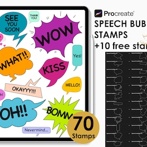 Könnte beinhalten: Eine digitale Illustration von 70 Sprechblasenstempeln für Procreate. Die Stempel zeigen verschiedene Sätze wie "See You Soon", "What!" und "Kiss". Das Bild zeigt auch eine Vorschau von 10 kostenlosen Stempeln.