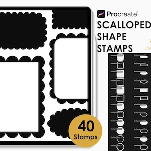 Puede incluir: Una exhibición de producto de arte digital con sellos de formas festoneadas negras. La pantalla muestra varios marcos y formas festoneadas negras. El texto dice "Procreate Scalloped Shape Stamps" y "40 Stamps".