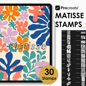 Peut inclure: Une illustration numérique de formes abstraites et de motifs floraux inspirés de Matisse dans une palette de couleurs vives de rose, orange, bleu et vert. L'image est un aperçu d'un ensemble de tampons Procreate avec 30 tampons. Le texte "Matisse" est présenté dans l'image.