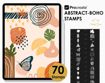 May include: A digital illustration of 70 abstract boho stamps for Procreate. The stamps feature a variety of shapes, patterns, and designs, including butterflies, leaves, and geometric shapes. The stamps are in black and white and are set against a black background.