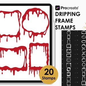 May include: A digital art set featuring red dripping frame stamps for Procreate. The set includes four unique frame designs and a selection of 20 stamps in total. The stamps are displayed on a black tablet screen.