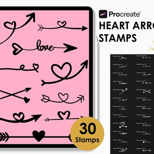 Op de afbeelding: Een digitale kunstset met hartpijl stempels op een roze achtergrond. De stempels bevatten verschillende ontwerpen van pijlen met hartvormige details en het woord "love". De set bevat 30 stempels.