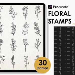 Floral Procreate Stamp Set, 30 Botanical Line Art Stamps, Minimalist Flower Brushes, Hand Drawn Plant Set, Procreate Tattoo