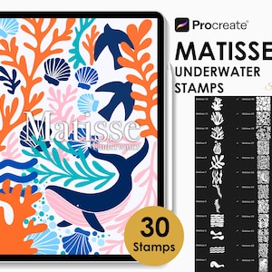 Può includere: Un'illustrazione digitale di una balena che nuota in una barriera corallina. L'illustrazione è in stile Matisse con colori vivaci e forme semplici. Il testo "Matisse Underwater" è visibile nell'immagine. L'immagine è un'anteprima di un set di 30 timbri digitali per Procreate.