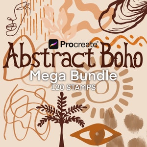 Könnte beinhalten: Ein Bild mit einer Sammlung abstrakter Boho-Stempel. Die Designelemente umfassen Gesichter in Linienkunst, Sonnen und Blattformen in Braun- und Beigetönen. Der Text lautet "Abstract Boho Mega Bundle 120 STAMPS."