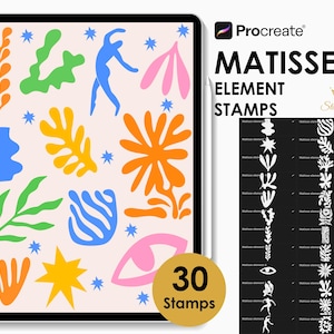 May include: A digital art set displayed on a tablet, featuring colorful Matisse-inspired element stamps. The stamps include abstract shapes, floral designs, and a human figure in shades of orange, blue, pink, and green. The set includes 30 stamps.