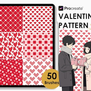 May include: A digital art design featuring a tablet displaying various red and white heart patterns. The text "Procreate Valentine Pattern" is displayed, along with an illustration of a couple exchanging gifts. The image includes "50 Brushes".
