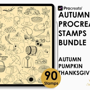 以下が含まれることがあります： Procreate アプリで使用できる、秋、かぼちゃ、サンクスギビングをテーマにした白黒のスタンプ 90 個のデジタルイラスト。スタンプには、かぼちゃ、葉、どんぐり、七面鳥などの画像が含まれています。