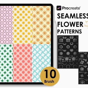 May include: A digital illustration of 10 seamless flower patterns for Procreate. The patterns are in various colors and styles, including pink, yellow, orange, green, blue, and white. The image also includes a black and white preview of each pattern.
