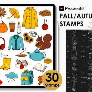 May include: A set of 30 digital stamps for Procreate featuring autumn-themed illustrations. The stamps include a raincoat, a pumpkin, a squirrel, a teapot, a book, a cardigan, a pair of boots, a coffee cup, a mushroom, a sunflower, and more.
