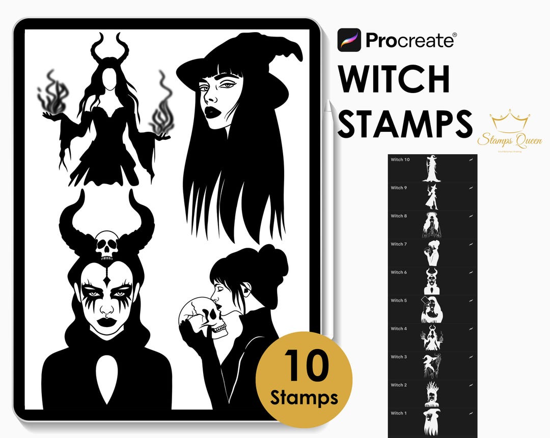 Procreate Witch Stamps: Halloween Tattoo Art, Woman Portrait - Etsy
