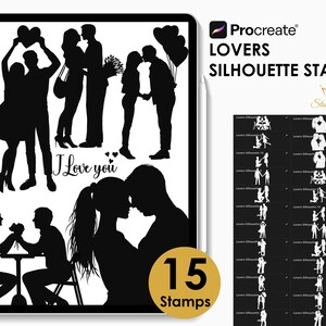 恋人たちのシルエット Procreate スタンプ - ロマンチックなカップル、Procreate 用の人物シルエット スタンプ、ラブ ブラシ