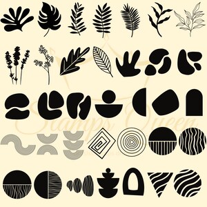 May include: A set of 30 black and white digital stamps featuring various abstract shapes, leaves, and geometric patterns. The stamps are perfect for adding a modern touch to your crafting projects.