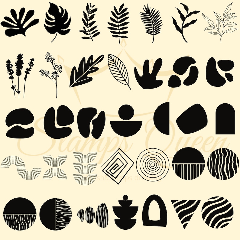 May include: A set of 30 black and white digital stamps featuring various abstract shapes, leaves, and geometric patterns. The stamps are perfect for adding a modern touch to your crafting projects.