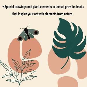 May include: A digital illustration of a butterfly, a leaf, and a plant with brown and green accents on a cream background. The text "Special drawings and plant elements in the set provide details that inspire your art with elements from nature." is at the top of the image.