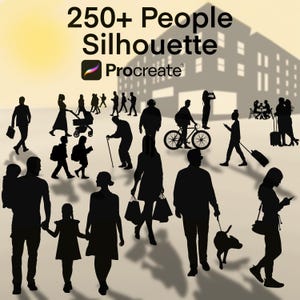 Könnte beinhalten: Eine digitale Illustration von über 250 schwarzen Silhouetten von Menschen in verschiedenen Posen und Aktivitäten. Das Bild zeigt Menschen, die gehen, sprechen, Fahrrad fahren und Gegenstände halten. Der Text "250+ People Silhouette Procreate" befindet sich oben im Bild.
