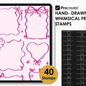 Op de afbeelding: Een digitale kunstset op een tablet, met handgetekende grillige frame-stempels in roze tinten. De set bevat diverse frame-ontwerpen, strikken en decoratieve elementen. De tekst luidt "Procreate HAND-DRAWN WHIMSICAL FRAME STAMPS".