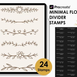 Puede incluir: Una tableta digital muestra sellos divisores florales minimalistas en marrón. Los diseños incluyen flores y hojas. La pantalla de la tableta también muestra el texto "Minimal Floral Divider Stamps" y "24 Stamps".
