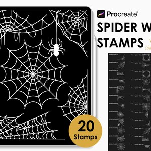 May include: A black digital art piece featuring white spider webs and a spider. The text "Procreate SPIDER WEB STAMPS" is displayed. A gold circle reads "20 Stamps". A smaller panel shows 20 stamp designs.