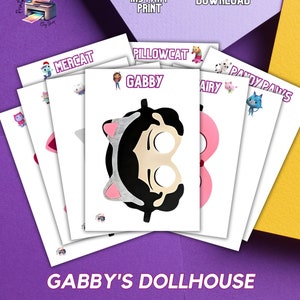 May include: Printable Gabby's Dollhouse party face masks. The image shows several white cards with character face mask designs, including Gabby, Mercat, and Pandy Paws. The masks are in various colors, with the Gabby mask in black, white, and pink. Text includes "Instant Print" and "Digital Download."