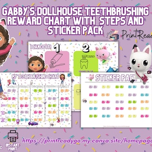 Paquete de juguetes Casa de muñecas de Gabby Tabla de recompensas de cepillado de dientes con pasos, progreso diario y paquete de pegatinas para descargar digitalmente