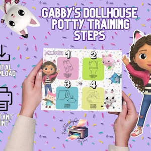 May include: A printable chart with four steps for potty training, featuring Gabby from Gabby's Dollhouse. The chart includes illustrations of putting on pants, sitting on the potty, washing hands, and flushing the toilet. The text on the chart says "I can do it!" and "Print Ready Go!"