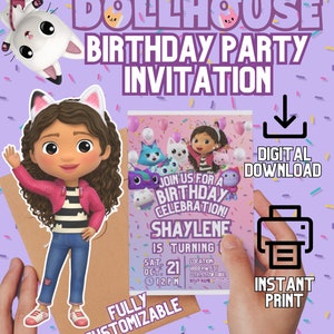 Invitation de fête d'anniversaire de maison de poupée de Gabby, invitation de carte électronique de maison de poupée de Gabby