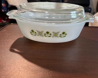 Vintage anker toeterende melk, glazen braadpan met deksel van anderhalve liter nummer 433 Meadow Green