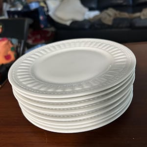 May include: A stack of six round, off-white ceramic plates. Each plate features a smooth, flat center surrounded by a wide, raised rim decorated with a repeating vertical ribbed pattern and a delicate beaded edge detail along the outer border.