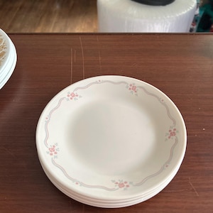 May include: A stack of round white plates featuring a delicate scalloped rim design. The border is decorated with a thin, wavy light blue line and small clusters of pink floral motifs spaced evenly around the edge of each plate.