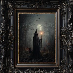 Halloween Witch & Cat Art Print: Spooky Gothic Decor (Digital Download)