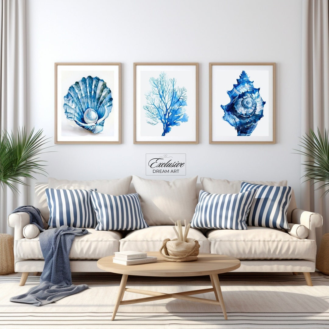 Navy Blue Seaweed and Seashell, Beach House Summer, Coastal Wall Art ...
