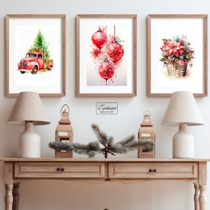 Set of 3 Christmas Prints, Traditional Christmas Printable, Poinsettia Wall Art, Christmas Watercolor Artwork, Christmas Wall Art, Digital