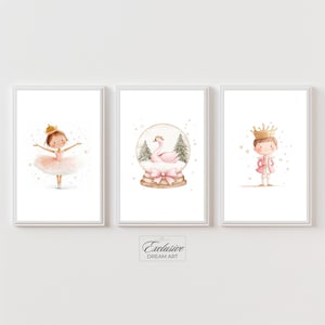 Christmas Swan Lake Nursery Wall Art | Odette Ballerina, Swan in Snow Globe & Prince | Light Pink Ballet Holiday Decor | Printable Set