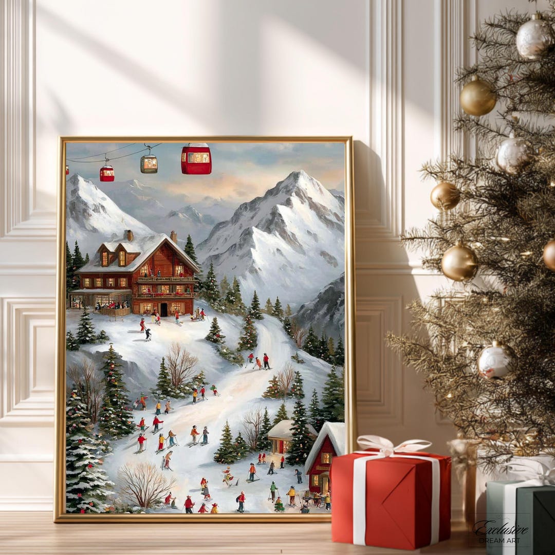 Ski Resort Oil Painting Printable Wall Art Cozy Winter Decor Vintage ...