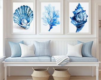 Blaue Muschel Wand Kunst druckbare Küsten Dekor Set Drucke