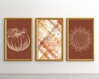 Printable Fall Pumpkin Autumn Wall Art Set of 3, Warm Minimalist Halloween Thanksgiving Prints