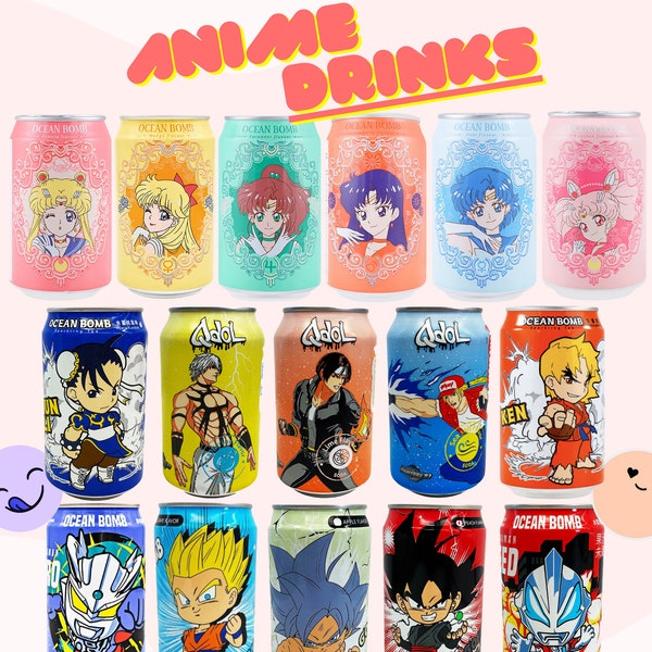 Ocean Bomb Anime Drinks | Sailor Moon, Dragon Ball, Street Fighter, Qdol, Ultraman |Sparkling Water Collectibles | Asian Snack Box