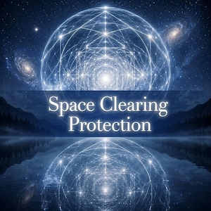 May include: A digital graphic featuring a glowing white geometric sphere against a dark blue starry night sky with galaxies. The text Space Clearing Protection is centered in white font over a dark landscape with a lake reflecting the sphere.