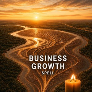 May include: A digital illustration featuring a winding river landscape at sunset with intricate, tree-like patterns in the sediment. Two lit candles are in the foreground. The text "BUSINESS GROWTH SPELL" is centered in white, bold, sans-serif letters.