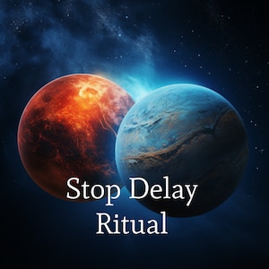 Puede incluir: Una ilustración digital de dos planetas, uno rojo y ardiente, el otro azul y helado, chocando en el espacio. El texto "Stop Delay Ritual" está superpuesto a la imagen.