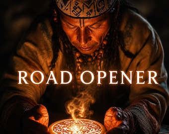 May include: A person wearing a patterned headband and a textured garment, looking down at a glowing, circular object emitting smoke. The object features intricate carvings and the text ROAD OPENER is centered in the image in a light, serif font.