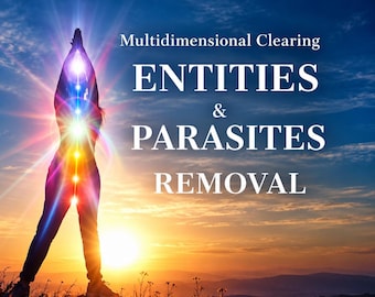 May include: A silhouette of a person standing with arms raised against a sunset, featuring glowing, multi-colored light points along the spine. The text reads: Multidimensional Clearing ENTITIES & PARASITES REMOVAL.